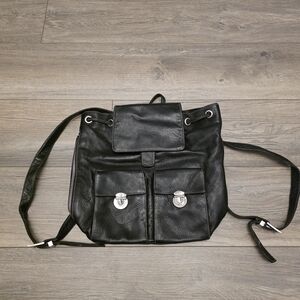 PERLINA Vintage Black Leather Backpack Style Bag with Silver Hardware